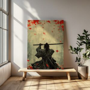 Minimalistinis japonų menas – samurajus lietuje su katanos kalaviju
